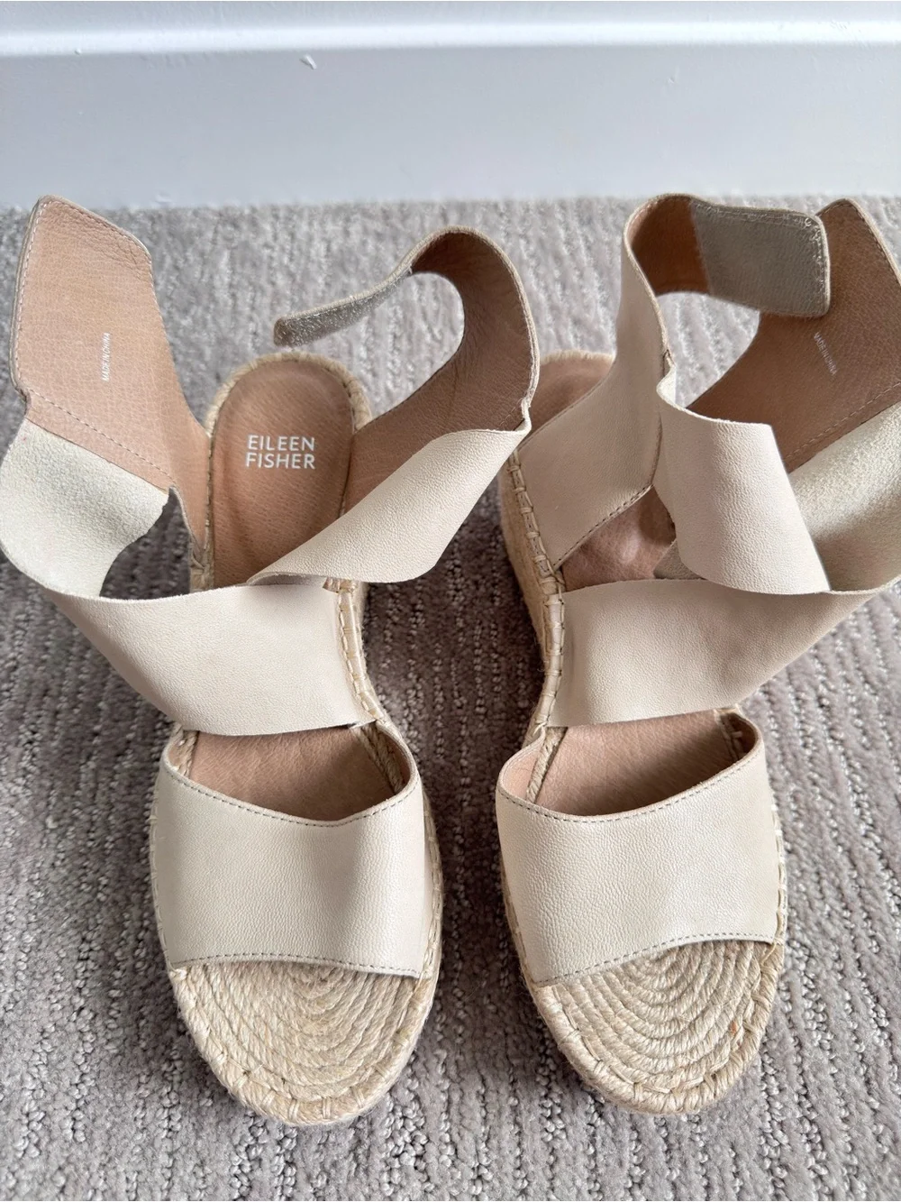 NWOB Eileen Fisher Willow Leather Wedge Espadrille Sandals Nude Women’s Size 8.5